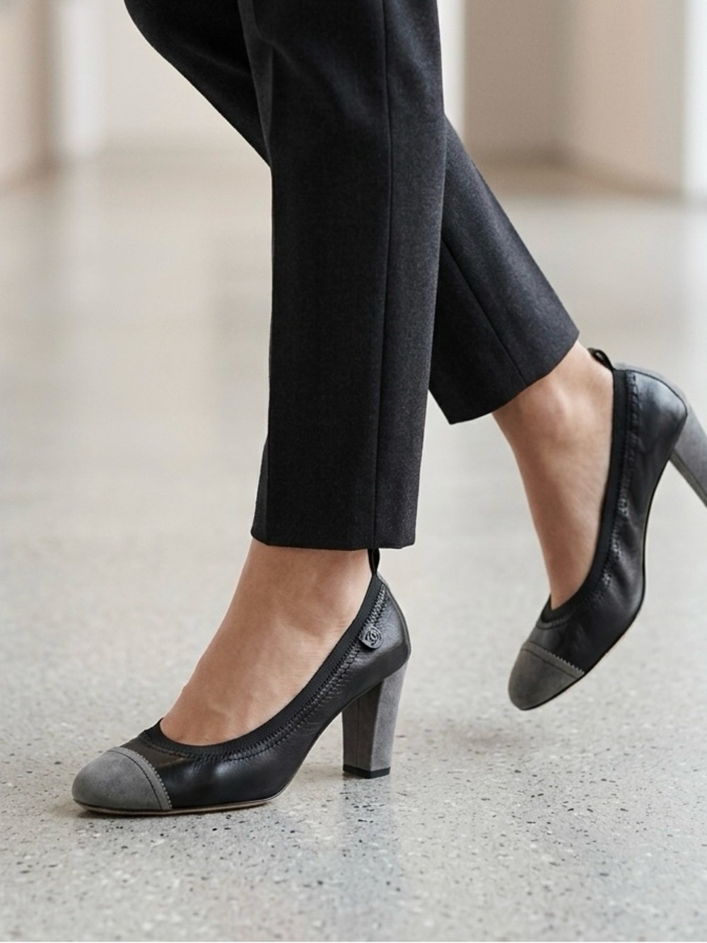 Chanel CC Stretch Elastic Ballet Pumps Black Leather Grey Suede Cap Toe 36